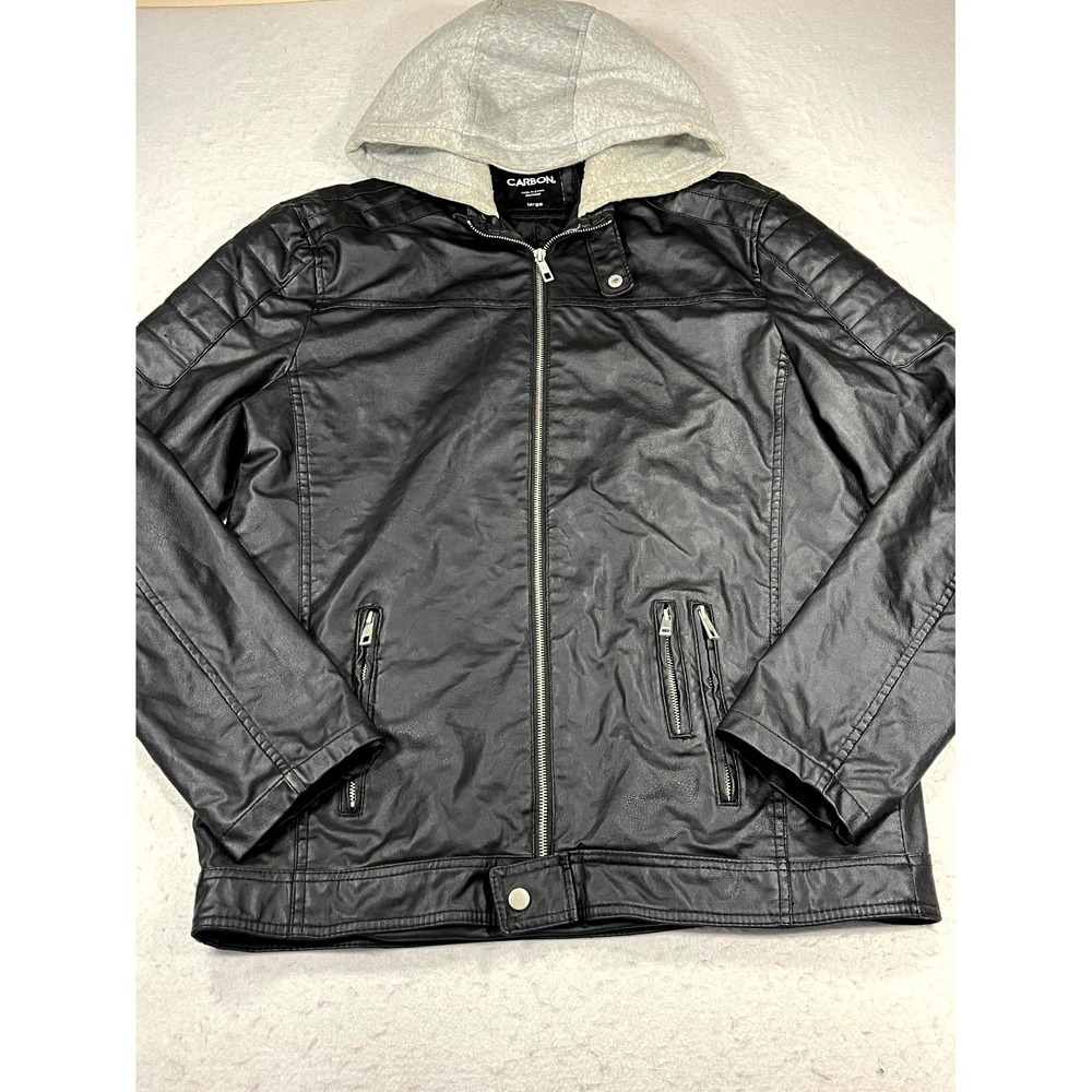 Carbon Faux Leather Moto Jacket Mens Large Black Lined Hooded Full‎ Zip Riding
